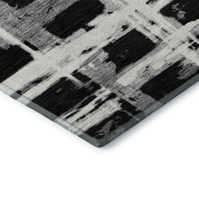 8' Striped Washable Round Rug With UV Protection - Black And Silver