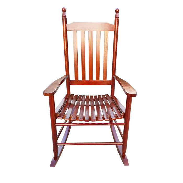 Giga wooden porch rocker chair with curved armrests and slatted back, perfect for outdoor relaxation on a porch or patio.
