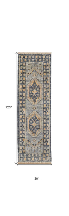 10' Wool Oriental Hand Knotted Runner Rug With Fringe - Blue Gray And Tan