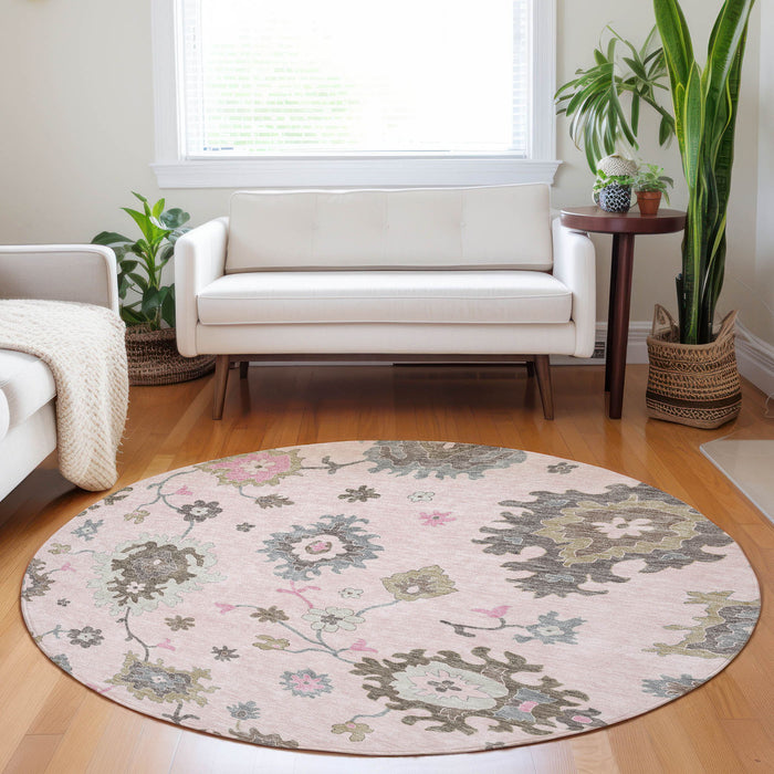 8' Floral Medallion Washable Round Rug With UV Protection - Pink