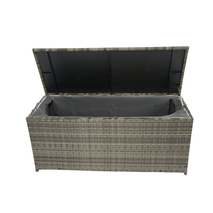 Giga outdoor wicker storage box with lid, patio deck cabinet for kids toys, cushions, towels, and outdoor accessories.