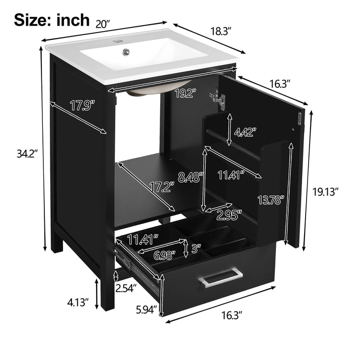 Giga bathroom vanity with ceramic sink, soft-close drawers, door organizer, divider drawer, and adjustable foot pads.