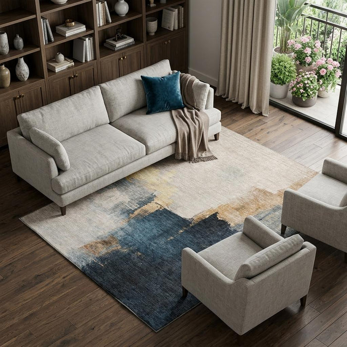 10' X 14' Abstract Washable Area Rug With UV Protection (683602) - Taupe / Blue