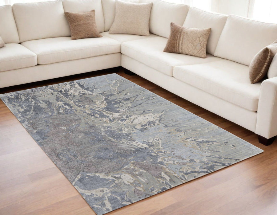 5' x 8' Abstract Hand Tufted Worn Faded Area Rug - Ivory Taupe And Green