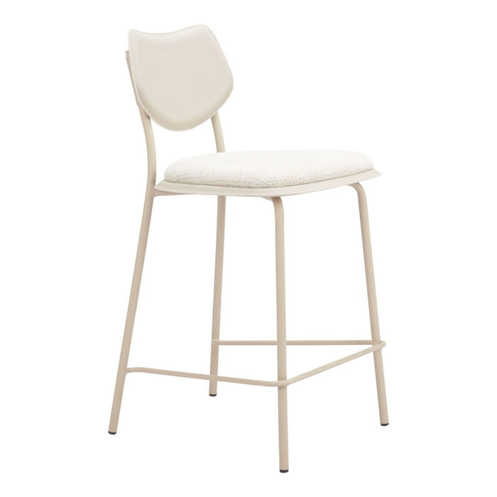 Set of four HomeRoots fabric faux leather counter height bar stools in light gray with metal legs and backrest.