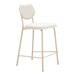 Set of four HomeRoots fabric faux leather counter height bar stools in light gray with metal legs and backrest.