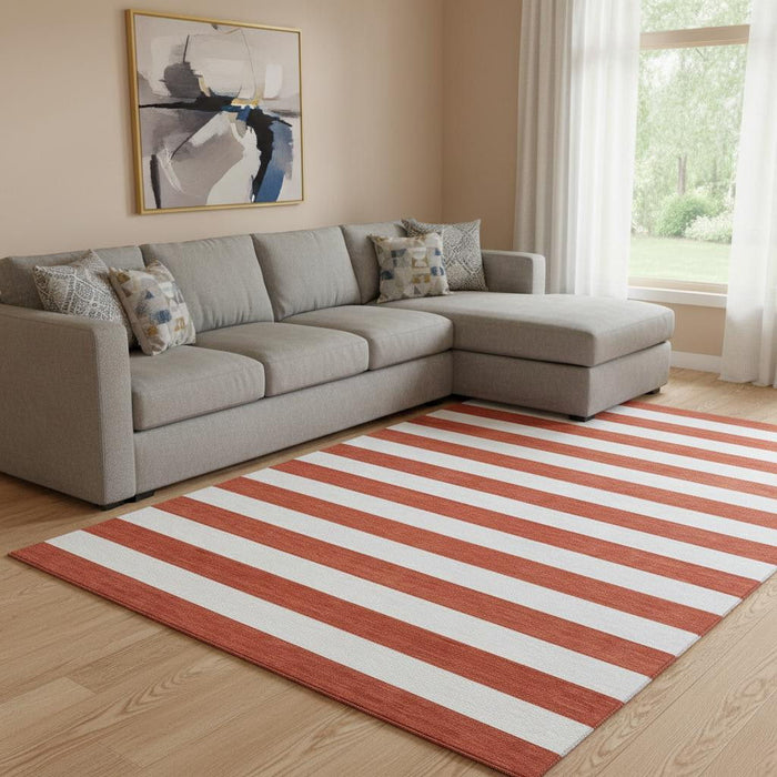 10' X 14' Striped Washable Area Rug With UV Protection (647650) - Red / Ivory