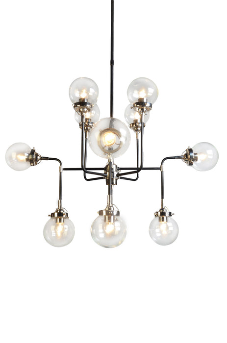 HomeRoots Sputnik eight-light metal chandelier with black and white shades, modern design, hanging fixtures on a ceiling.