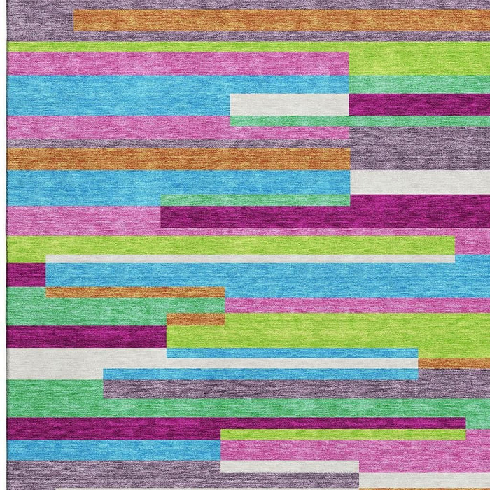 10' X 14' Striped Washable Area Rug With UV Protection (675792) - Lavender / Orange / Lime Green