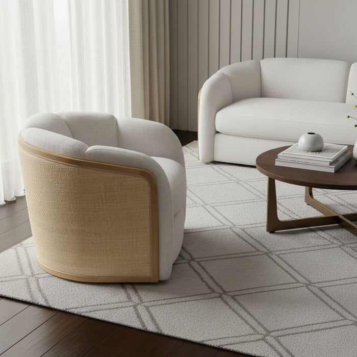 34" Fabric Wood And Rat Swivel Arm Chair - Off White / Natural