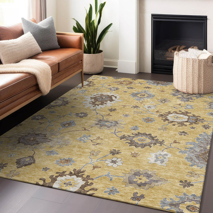 10' X 14' Floral Medallion Washable Area Rug With UV Protection - Gold