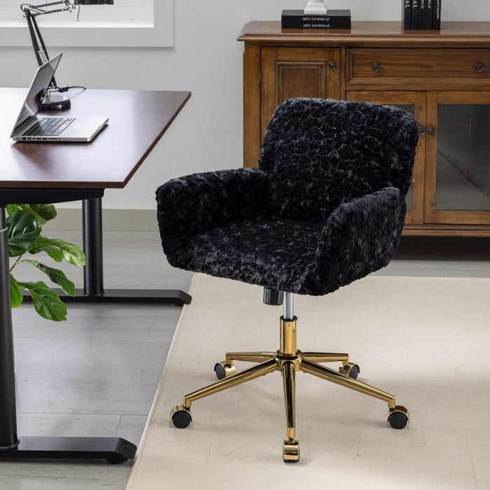 Giga swivel office chair with artificial rabbit hair upholstery, metal base, adjustable height, and rolling caster wheels.