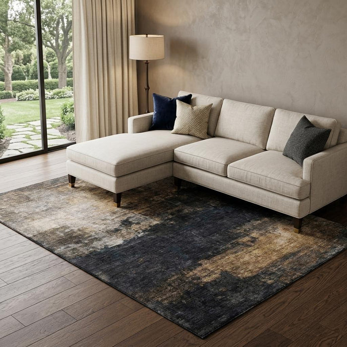 10' X 14' Abstract Washable Area Rug With UV Protection (688382) - Charcoal / Gold / Beige