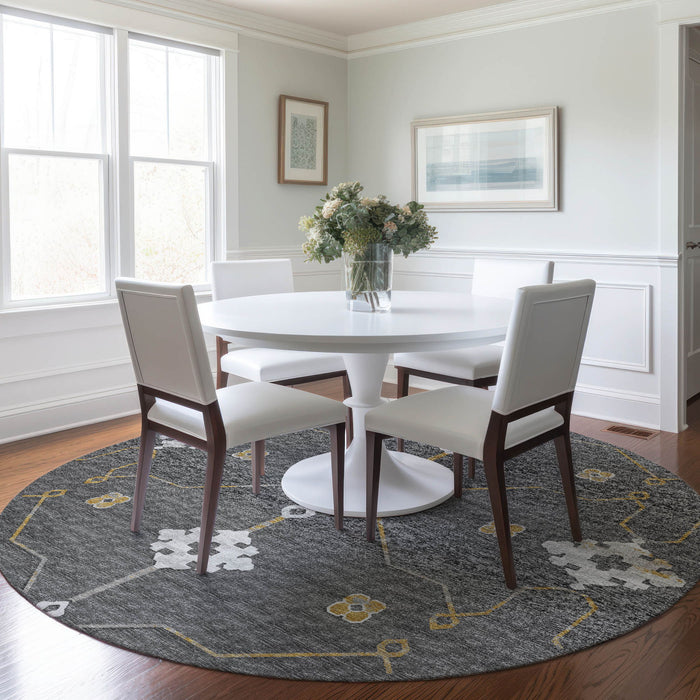 8' Transitional Floral Medallion Washable Round Rug With UV Protection - Gray