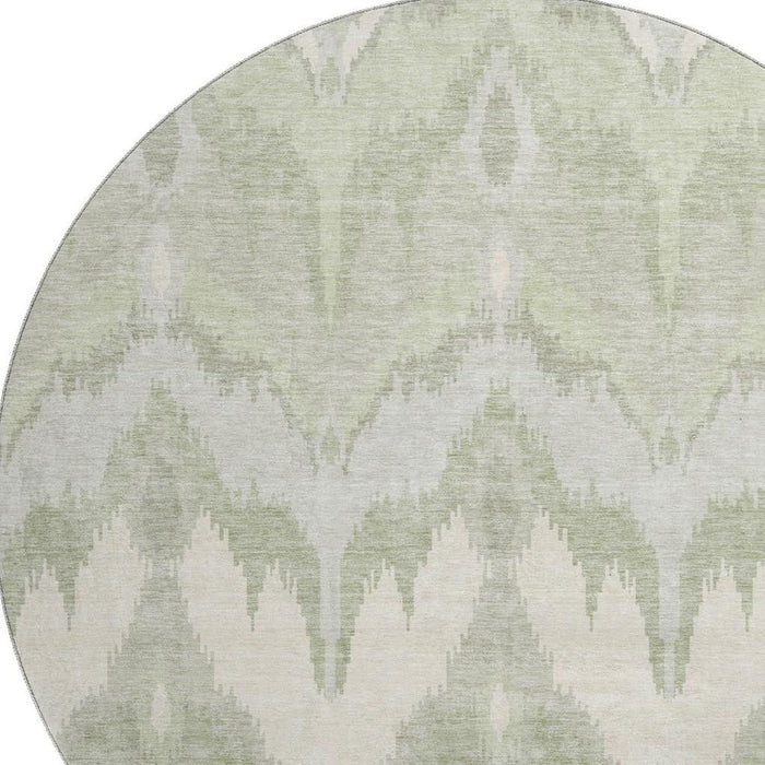 8' Ikat Washable Round Rug With UV Protection - Artichoke Green And Ivory