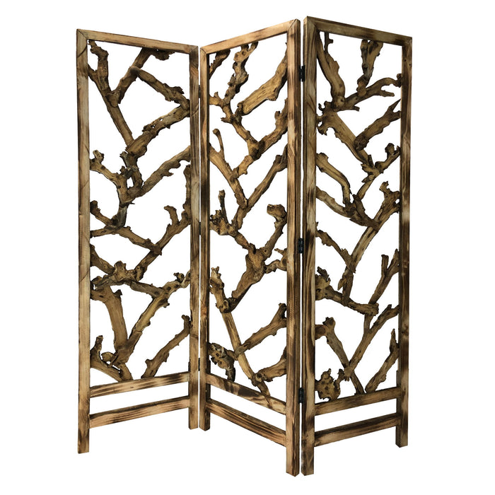 Rustic Earthy Wood Root Three Panel Room Divider Screen - Brown