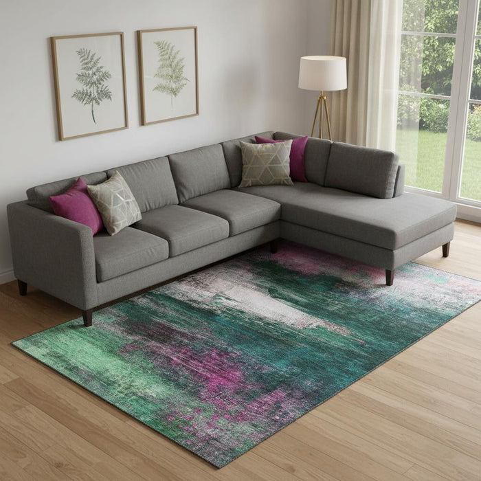 10' X 14' Abstract Washable Area Rug With UV Protection (714685) - Green / Mauve