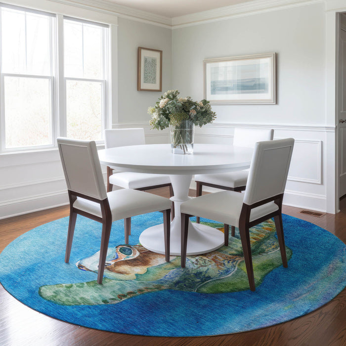 8' Nautical Washable Round Rug With UV Protection - Pacific Blue