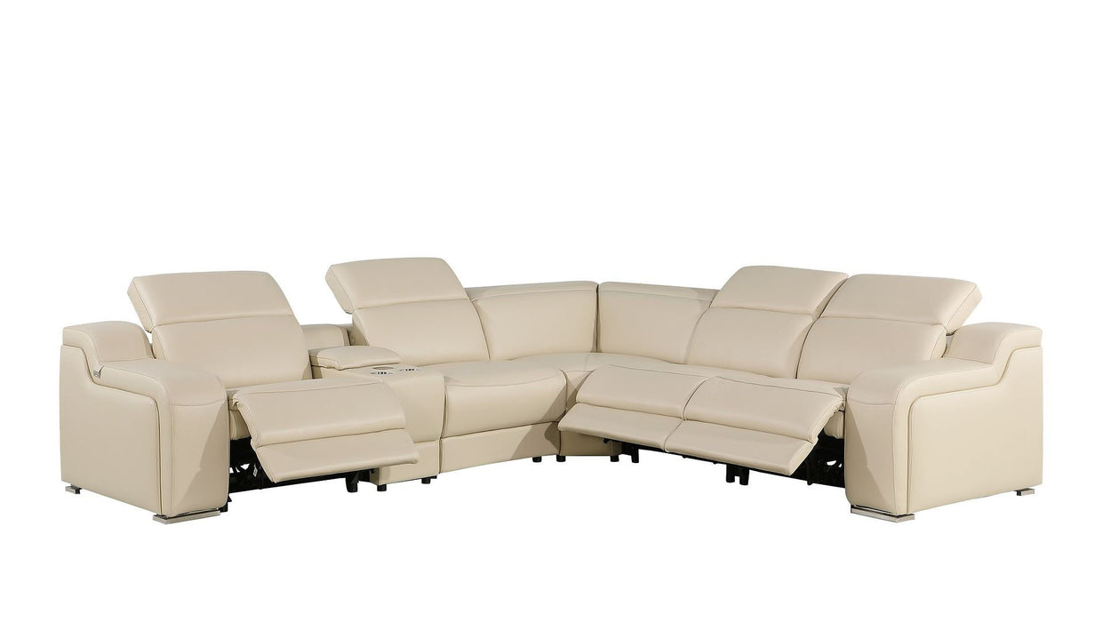 Italian Leather Power Reclining Curved Six Piece Corner Sectional With Console - Beige