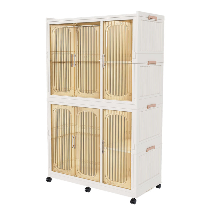 Cream white Giga portable wardrobe closet with six magnetic doors, six cubes, two hanging rods, and hangers inside.