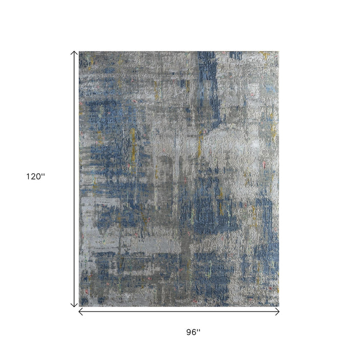 8' X 10' Abstract Hand Knotted Area Rug Fabric Material - Blue