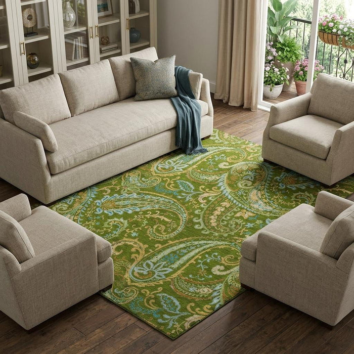 9' X 12' Paisley Distressed Washable Area Rug With UV Protection (647973) - Green / Blue