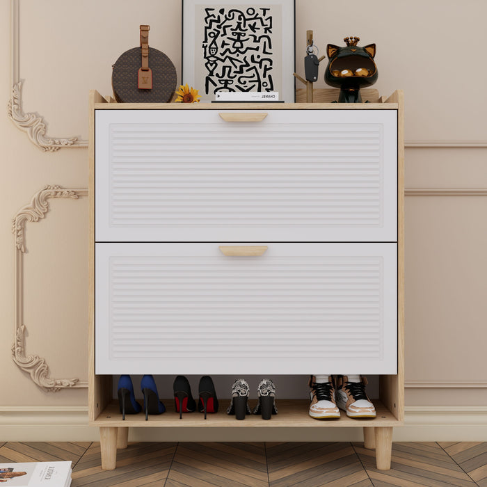 Giga shoe storage cabinet with 2 flip drawers in natural and white, compact entryway organizer with sleek design and functional storage