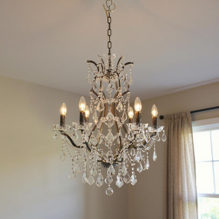 Black metal crystal glass chandelier with six candle-style lights, modern HomeRoots chandelier for elegant interior lighting.