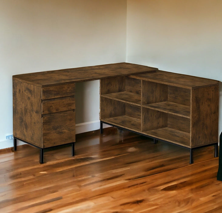 60" L Shape Computer Desk With Three Drawers - Brown And Black