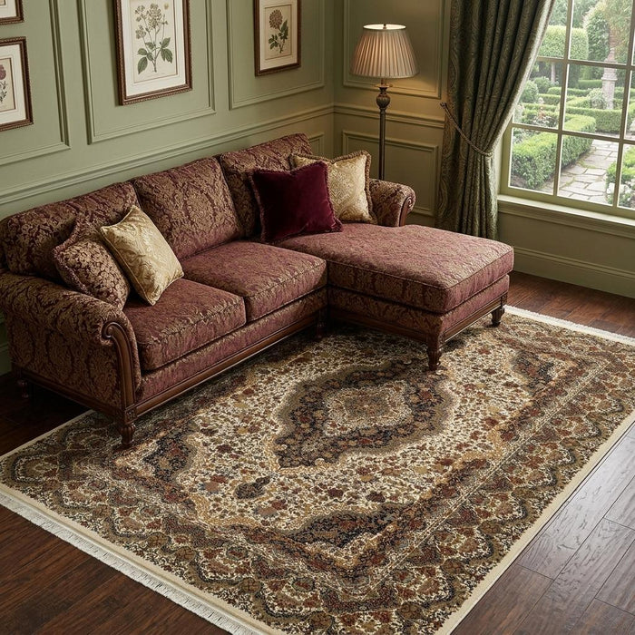 10' X 13' Medallion Area Rug With Fringe (574469) - Ivory / Black / Brown
