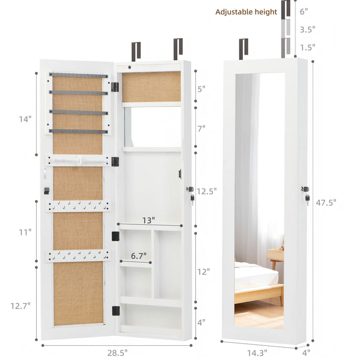 Giga jewelry armoire organizer with full-length mirror, wall-mounted lockable cabinet and built-in LED light for jewelry storage.