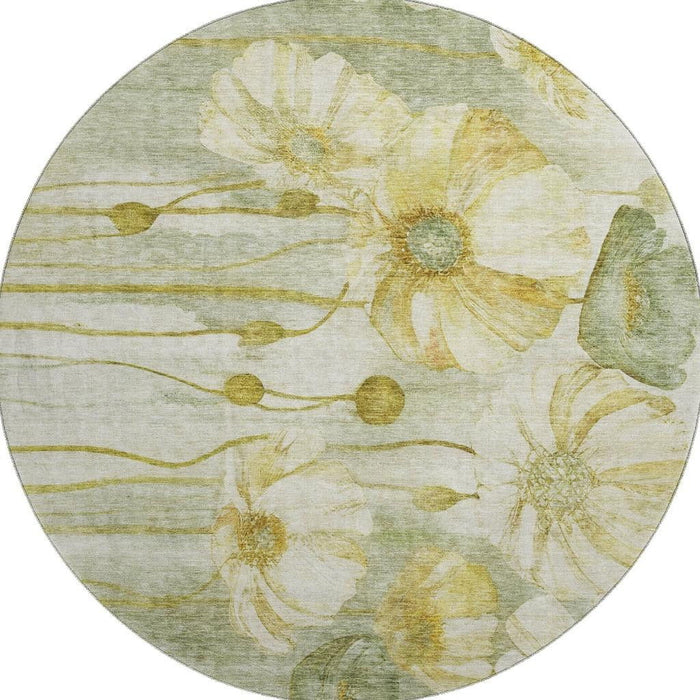 8' Floral Washable Round Rug With UV Protection (657320) - Sage / Gold / Ivory