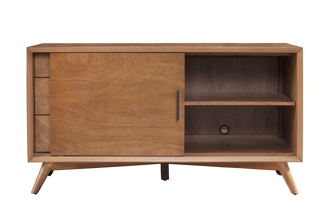 HomeRoots wood mahogany veneer TV stand with enclosed storage, brown Okoume and veneer cabinet for living room.