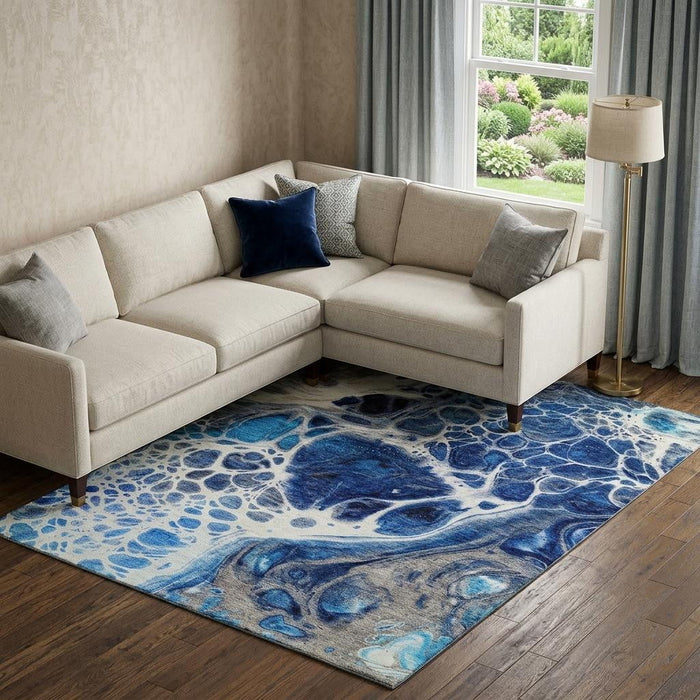 10' X 14' Abstract Washable Area Rug With UV Protection (656052) - Navy Blue / Ivory / Gray