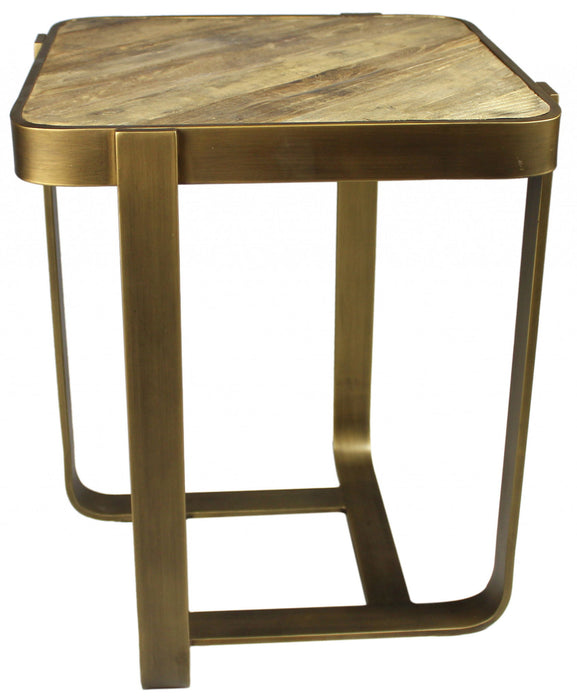 Solid Wood And Iron Square End Table - Brass And Brown