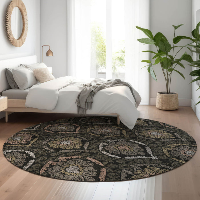 8' Medallion Washable Round Rug With UV Protection - Black / Gray