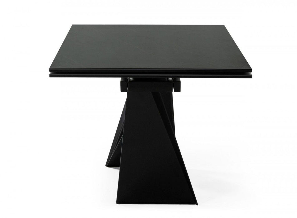 Ceramic Metal Self-Storing Leaf Pedestal Base Extendable Dining Table - Black