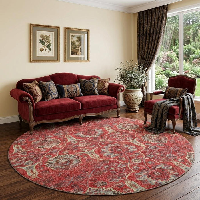 8' Floral Medallion Distressed Washable Round Rug With UV Protection (644589) - Red / Beige
