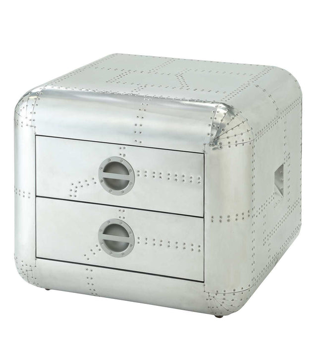 Aluminum Aviator Trunk Style Square End Table With Two Drawers - Silver