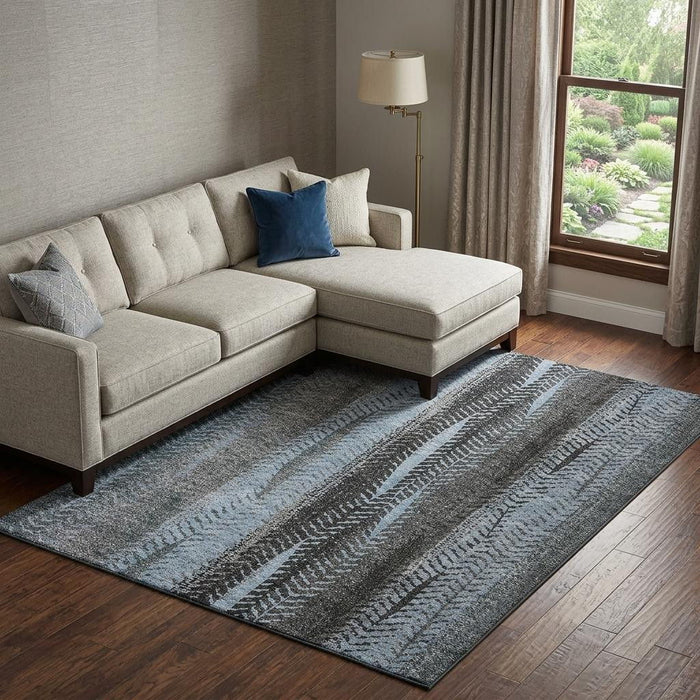 10' X 14' Striped Washable Area Rug With UV Protection (656489) - Blue / Gray