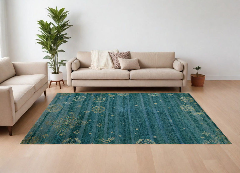 6' x 9' Striped Hand Knotted Area Rug - Tan Blue And Green
