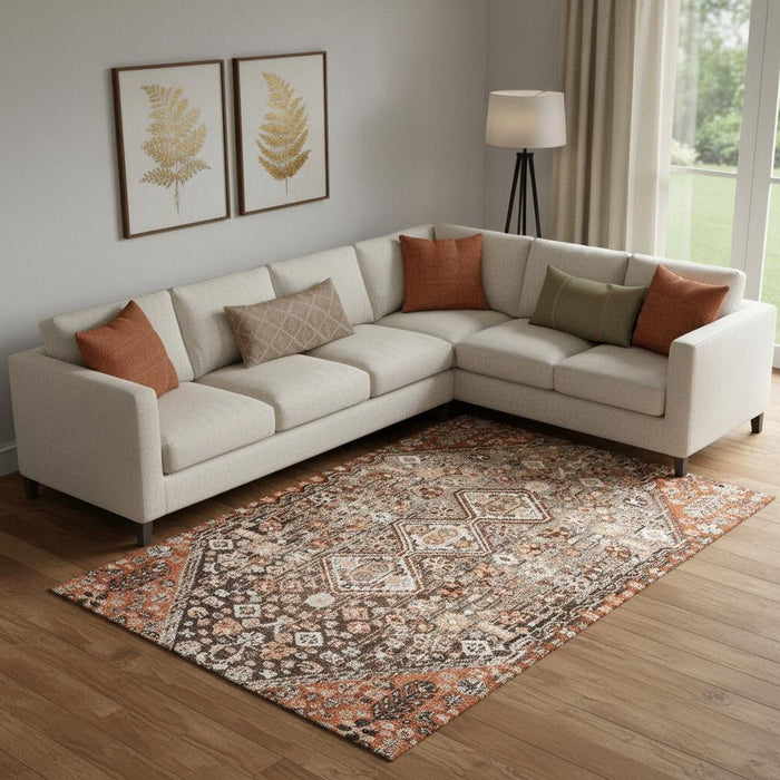 10' X 14' Geometric Washable Area Rug With UV Protection (705155) - Chocolate / Rust / Ivory