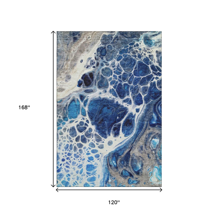 10' X 14' Abstract Washable Area Rug With UV Protection (656052) - Navy Blue / Ivory / Gray