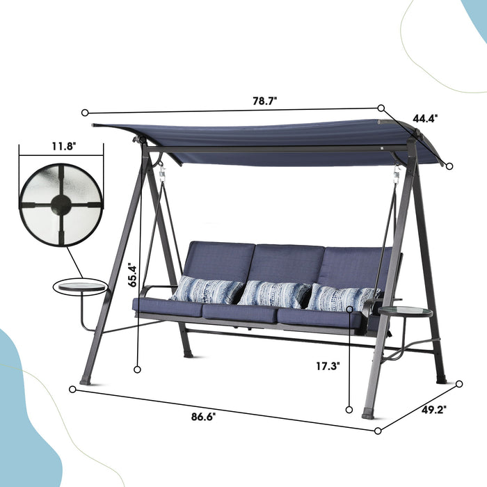 Blue Giga steel 3-seater patio swing with canopy, featuring a sturdy frame and comfortable seating for outdoor relaxation.