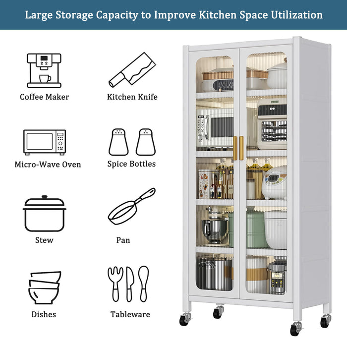Giga 6-tier storage cabinet with transparent doors, adjustable shelves, and wheels for easy mobility.