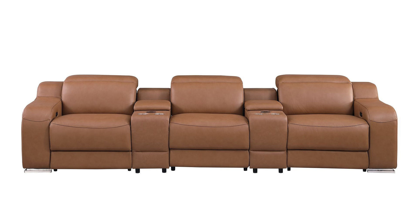 129" Italian Leather Reclining USB Sofa - Chestnut