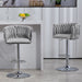 Set of two Giga gray swivel bar stools with woven backrests, footrests, adjustable height, silver chrome finish for kitchen island.