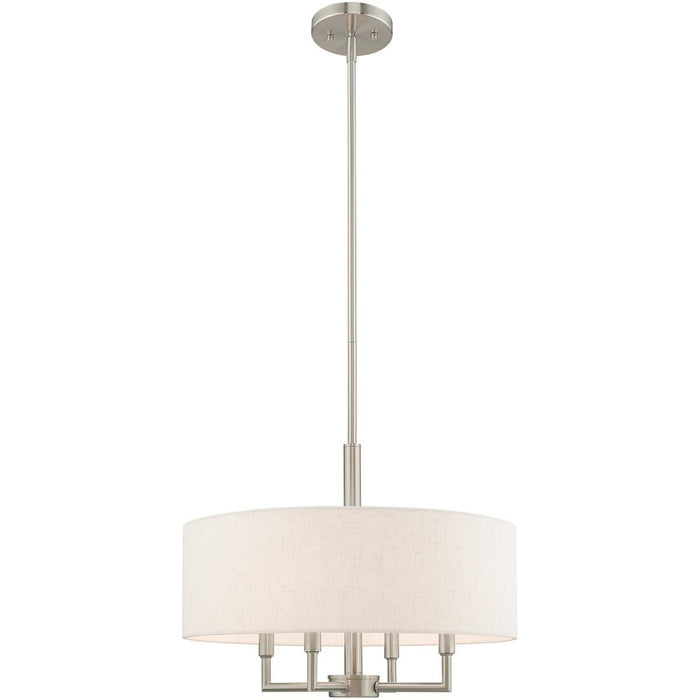 HomeRoots 23-inch four-light metal chandelier with shades, dimmable nickel finish and cream shades, suitable for elegant lighting.
