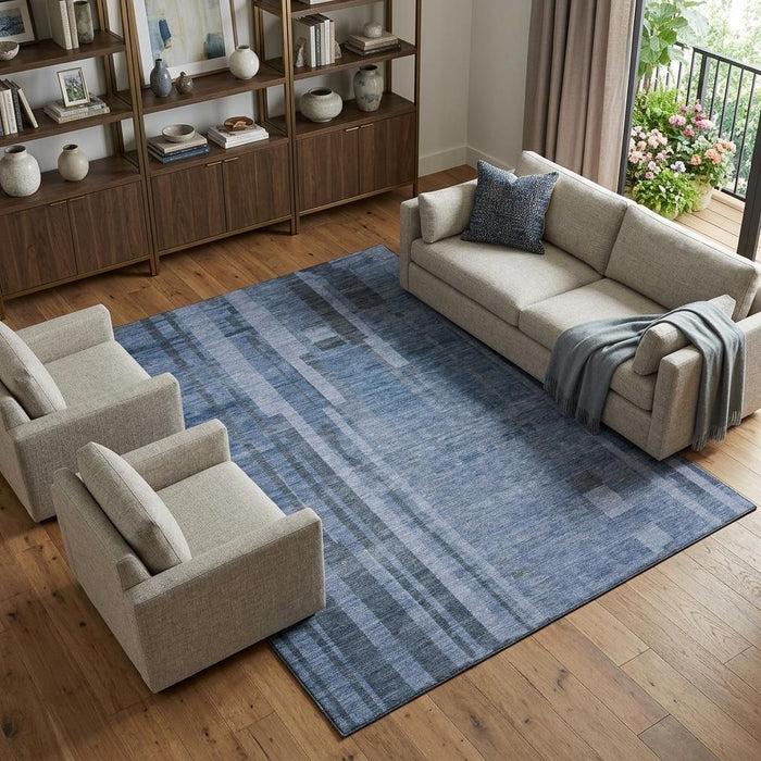 10' X 14' Striped Washable Area Rug With UV Protection (683279) - Navy Blue / Denim Blue