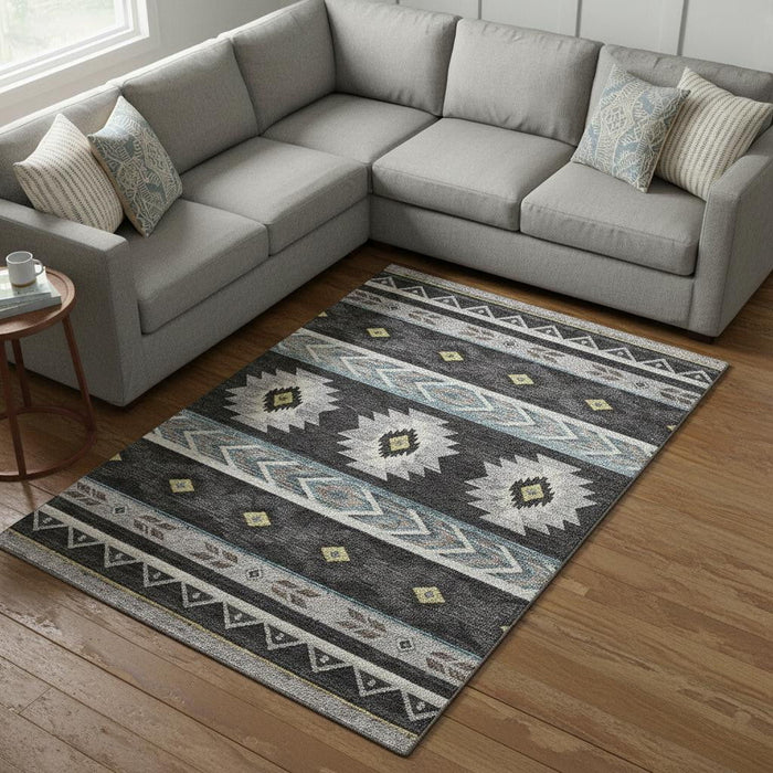 9' X 12' Geometric Washable Area Rug With UV Protection (645665) - Midnight / Gold / Ivory